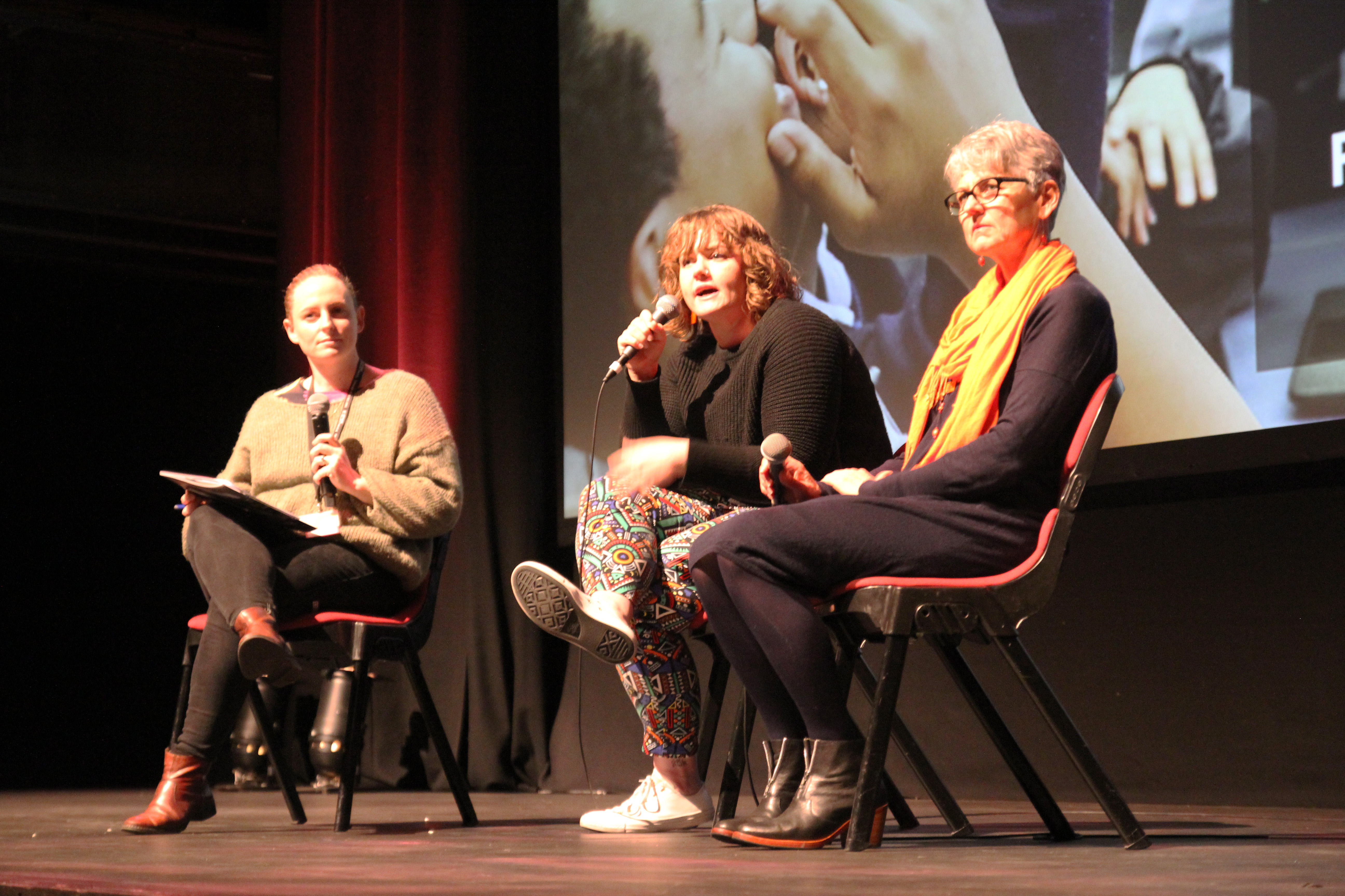 Slider Image Rosie Brown and Kerry Clancy (centre and right) of the Tupu Ora Eating Disorders Clinic in a question and answer session facilitated by Doc Edge's Jess Keogh, at the screening of I am Maris, a documentary about a teenage girl who overcomes an eating disorder.