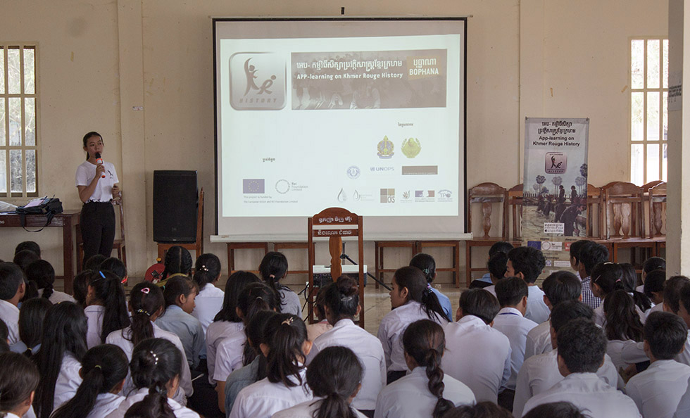 Slider Image A classroom session, using the app to learn about Cambodia's history.
