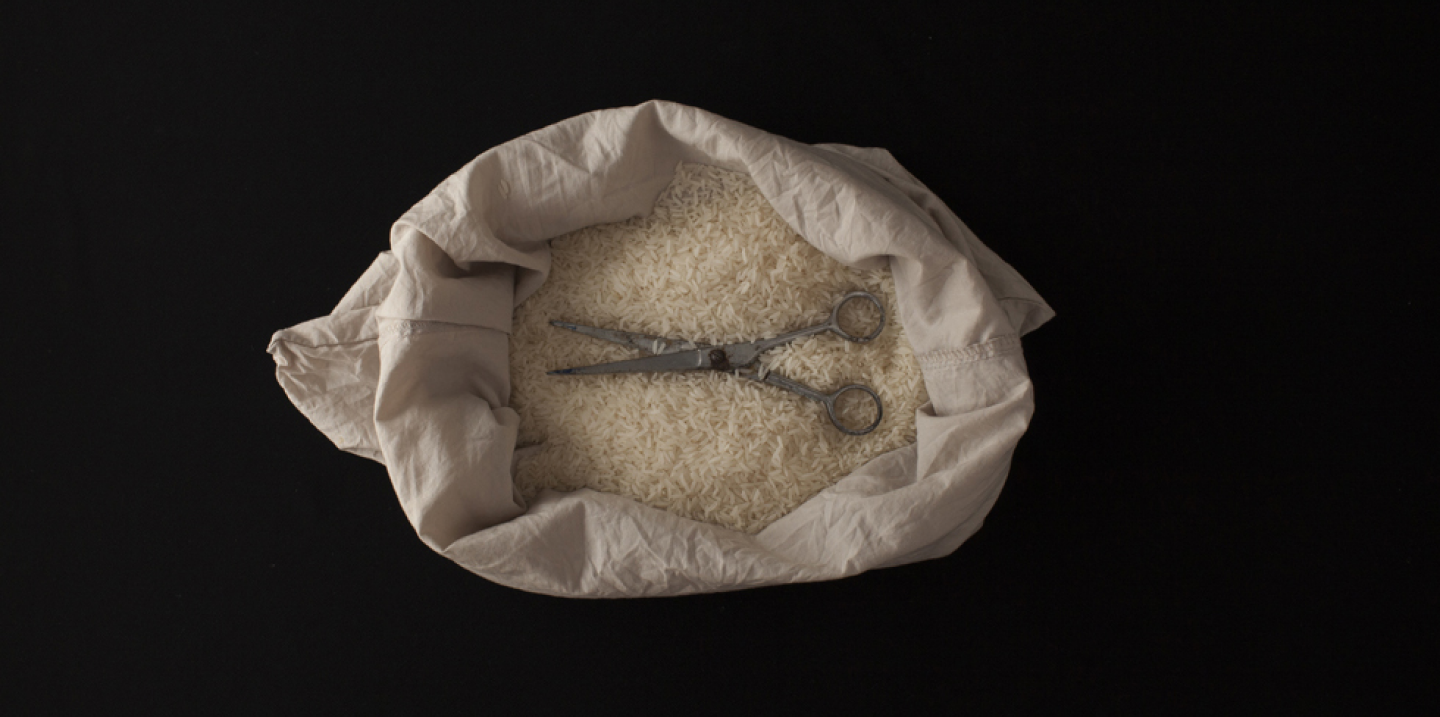 Surgical scissors in rice bag, belonging to Bun Rith Kuy. Photograph by Kim Hak.